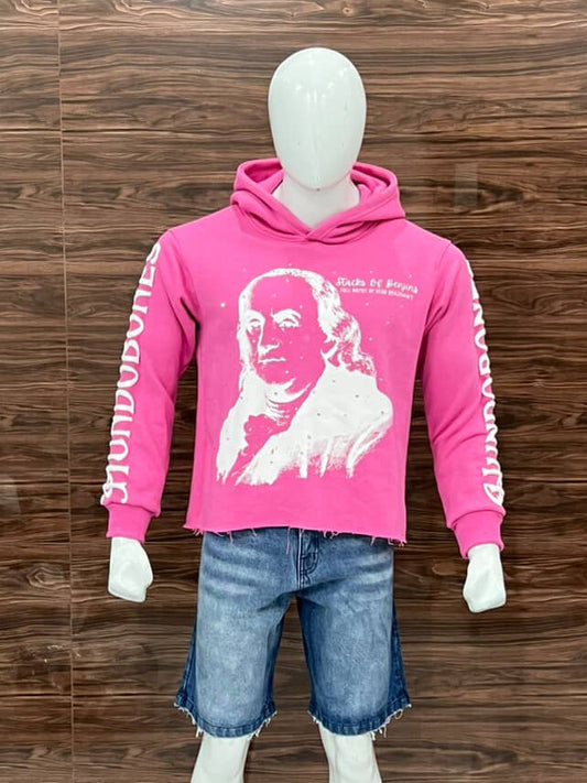 "Stacks of Benjin's" Pink Cropped Hoodie